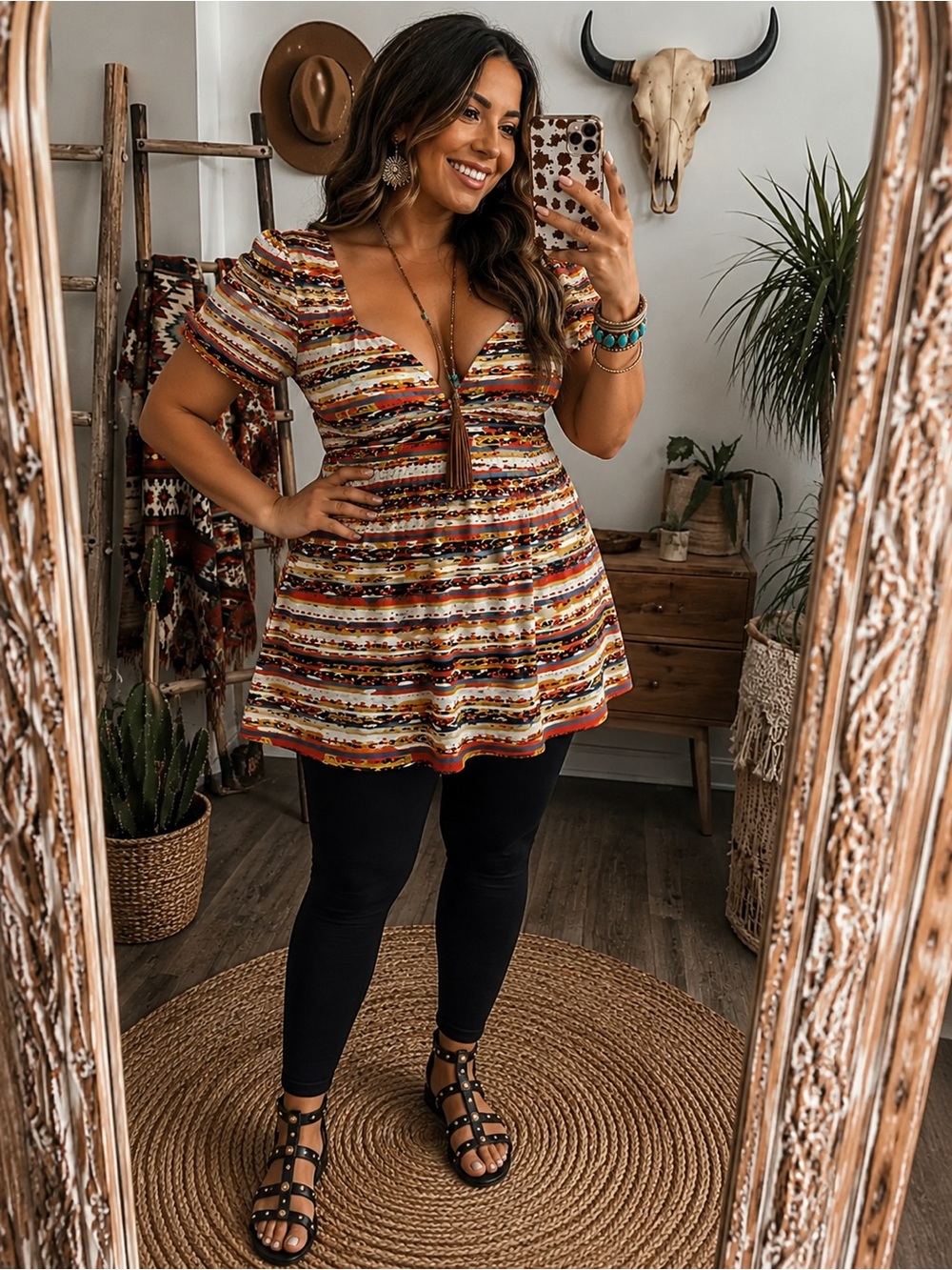 Vintage Dots 1X Boho Retro Y2K Western Aztec Colorful Casual Long Tunic Top